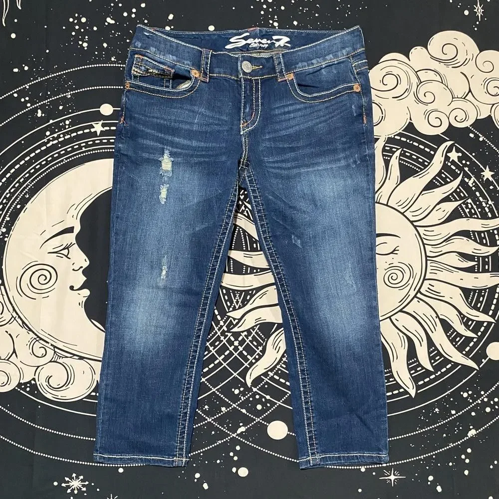Seven7 Capri Jeans Women's 34x22 Blue Cotton Denim Distressed Western Stretch